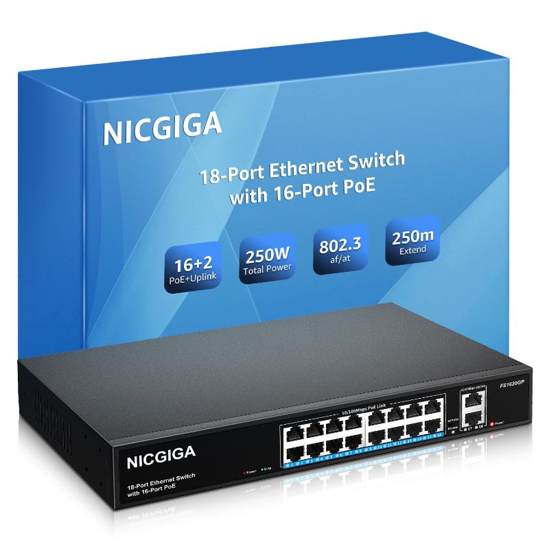 Photo 1 of 16 Port PoE Switch@250W with 2 Gigabit Uplink Port, NICGIGA 18 Port Ethernet PoE Switch, VLAN Mode, Extend to 250m, Sturdy Metal Case, 19 inch RackMount, Plug and Play, Unmanaged
