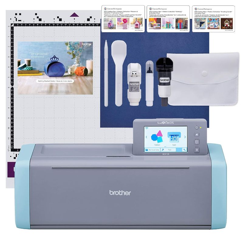 Photo 1 of Brother ScanNCut SDX125E Electronic DIY Cutting Machine with Scanner, Make Custom Stickers, Vinyl Wall Art, Greeting Cards and More with 682 Included Patterns Grey/Aqua