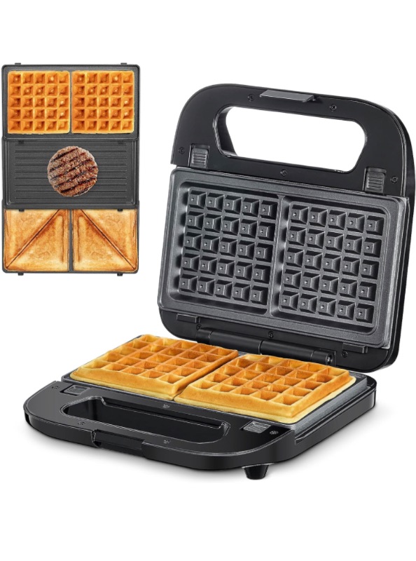 Photo 1 of 3-in-1 Waffle, Grill & Sandwich Maker, Panini Press Grill and Waffle Iron Set with Removable Non-Stick Plates, Perfect for Cooking Grilled Cheese, Tuna Melts, Burgers, Steaks and Snacks, Black (3 in1 Sandwich Maker With Plastic Handle)