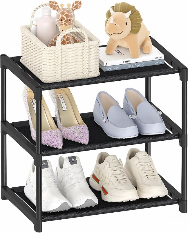 Photo 1 of 3 Tier Small Shoe Rack, Narrow Stackable Kids Toddler Adult Shoe Storage Organizer Shelf for Closet Floor Front Door Entrance Entryway, Free Standing Shoe Rack Organization Shelves