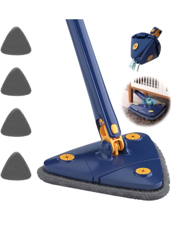 Photo 1 of 360° Rotatable Adjustable Cleaning Mop with 4pcs Mop Pads Replacement, Triangle Microfiber Mop with Long Handle and Easy Squeeze Telescopic Scrubber Microfiber Brush for Floor Ceiling (Blue)