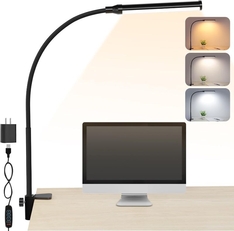 Photo 1 of ShineTech LED Desk lamp with Clamp, Eye-Caring Clip Lights for Home Office, 3 Colors Full Brightness, Flexible Gooseneck USB Adapter Table Lamp, Black