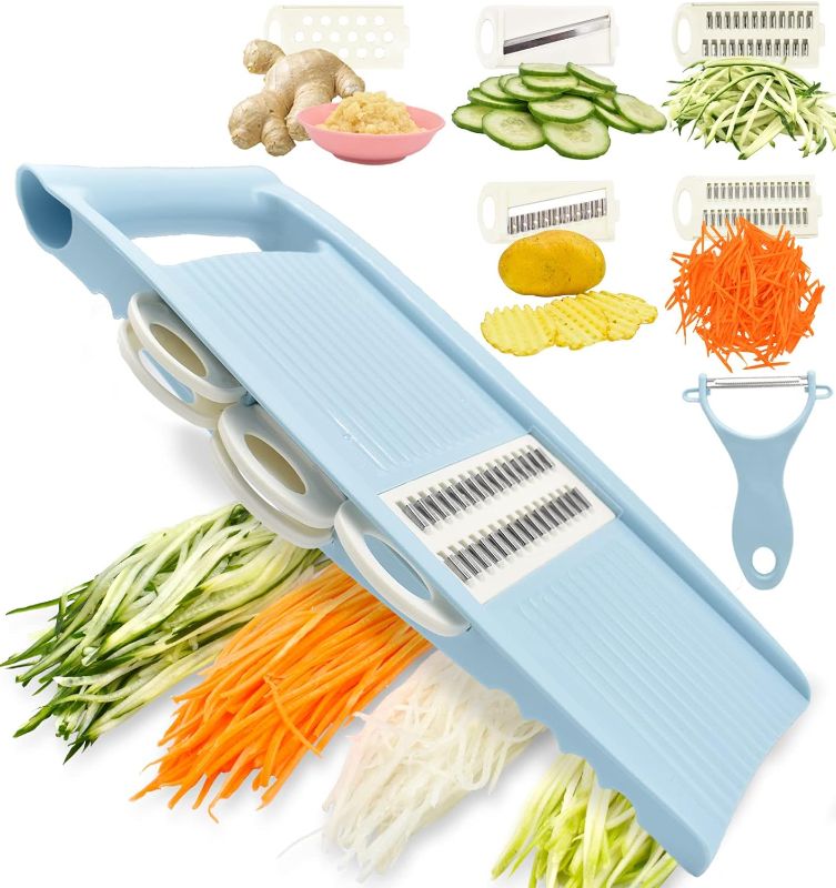 Photo 1 of 5 in 1 Mandoline Slicer for Kitchen, Vegetable Slicer Multi Blade Potato Chip, Veggie Slicer, Vegetable Cutter, Julienne Shredder and peeler For Small Job In Kitchen Blue