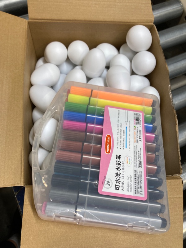 Photo 1 of 60 Pcs White Plastic Egg Shakers Musical Percussion Toy Paintable with 24 Color Markers Maracas Musical Instruments Easter Eggs Rhythm Learning Toy for DIY Painting Easter Baskets Fillers Party Favors