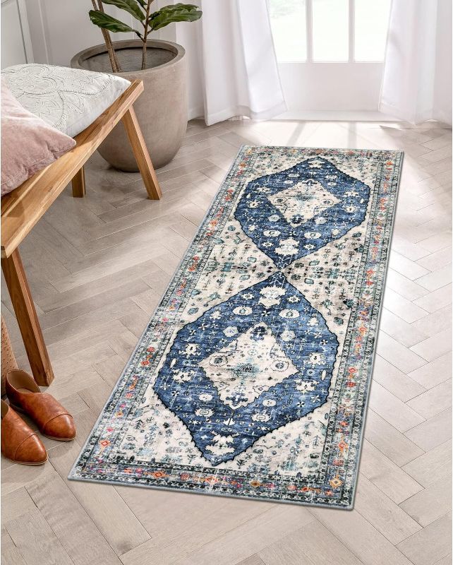 Photo 1 of 
Roll over image to zoom in







6 VIDEOS


Lahome Boho Tribal Runner Rug - 2x5 Blue Soft Bathroom Rug Runner Laundry Room Mat, Medallion Soft Non Slip Machine Washable Entryway Carpet Runner for Kitchen Sink Bedside Front Door Hallway