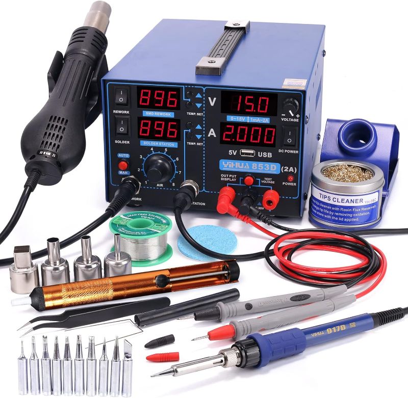 Photo 1 of YIHUA 853D 2A USB SMD Hot Air Rework Soldering Iron Station, DC Power Supply 0-15V 0-2A with 5V USB Charging Port and 35 Volt DC Voltage Test Meter
