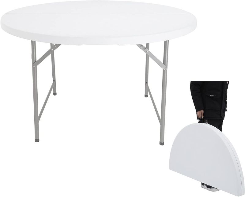 Photo 1 of 122YZ Round Folding Table, 4 Feet Portable Plastic Dining Table, Plastic Event Folding Table with Handle

