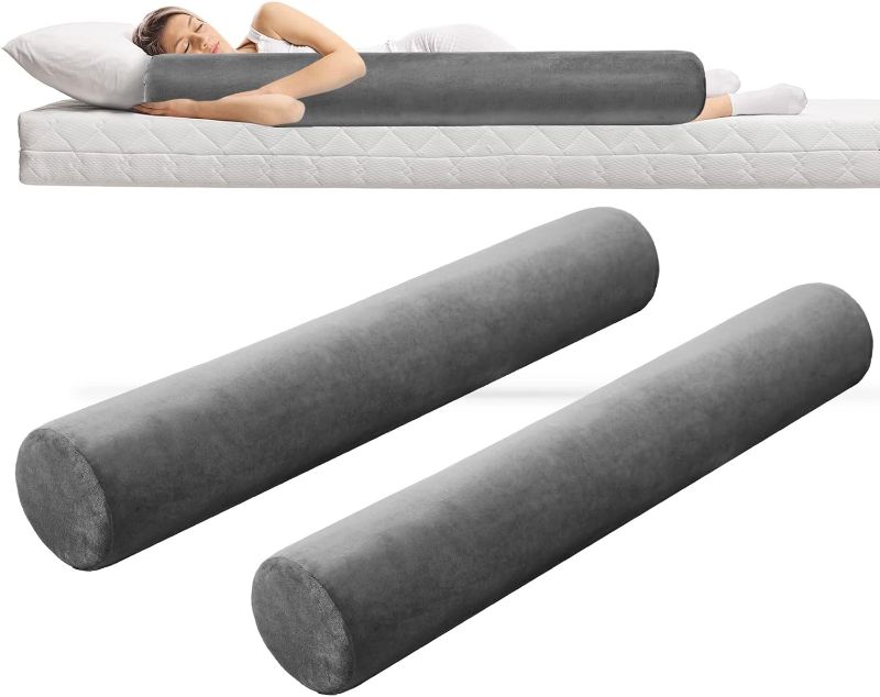 Photo 1 of 2 Pcs 47 x 7.48 in Long Bolster Round Body Pillow with Removable Washable Cover Memory Foam Roll Pillow Cylinder Bolsters for Back, Neck, Leg, Cervical Relief for Hugging Sleeping (Gray)
