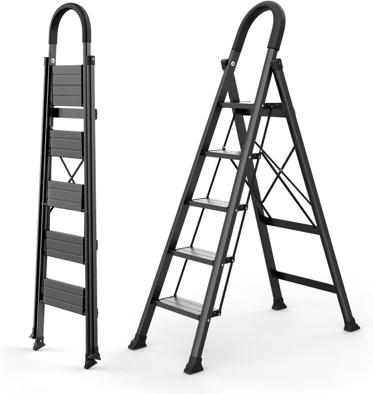 Photo 1 of 5 Step Ladder with Anti-Slip Wide Sturdy Pedal, Folding Ladder with Convenient Handgrip, Portable Lightweight Aluminum Stepladder for Home, Office, Library - Black