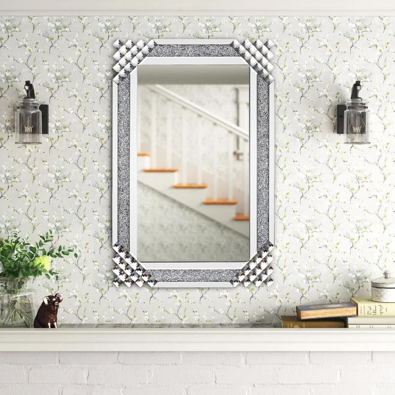 Photo 1 of 36'' x 24'' Crystal Decorative Mirror Rectangle Silver Mirror, Crush Diamond Mirror for Living Room Bedroom Entryway
