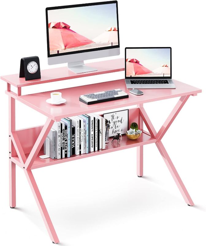 Photo 1 of ODK Small Desk, 27.5 Inch Small Computer Desk for Small Spaces, Compact Desk with Storage, Tiny Desk Study Desk with Monitor Stand for Home Office, Pink
