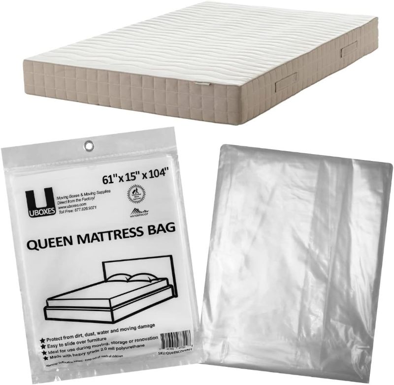Photo 1 of uBoxes Queen Mattress Clear Plastic Poly Covers, 61 x 15 x 104 inch, Heavy Duty 2 mil, 1 Pack & uBoxes Moving Supplies King Mattress Cover/Bag 76" x 15" x 104", Clear