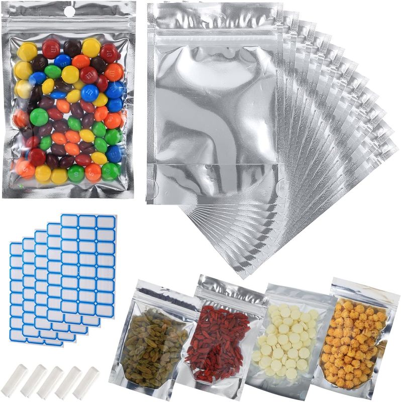 Photo 1 of 100-Pack Reclosable Mylar Bags for Food Storage 5" x 8" Stand Up Ziplock Bags in Bulk Resealable Smell Proof Aluminum Foil Bags with Clear Window Kitchen Storage Organizer Edible Packaging Water-proof 100 4.7 x 7.9