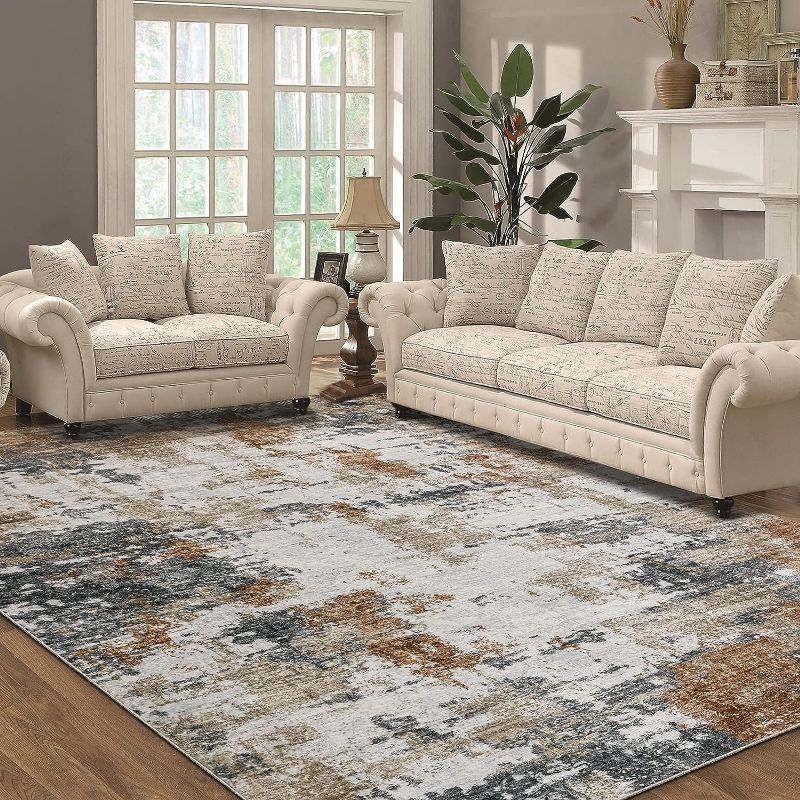 Photo 1 of \Area Rug Living Room Rugs: 8x10 Abstract Soft Fluffy Pile Large Carpet with Low Shaggy for Bedroom Dining Room Home Office Indoor Decor Under Kitchen Table Washable - Ivory/Brown