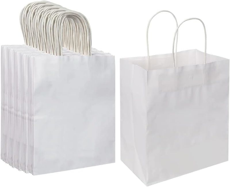 Photo 1 of 100 Pack 8x4.75x10 inch Medium Kraft Bags with Handles Bulk, Paper Bags Birthday Wedding Party Favors Grocery Retail Shopping Takeouts Business Goody Craft Gift Bags Sacks (White 100PCS Count)
