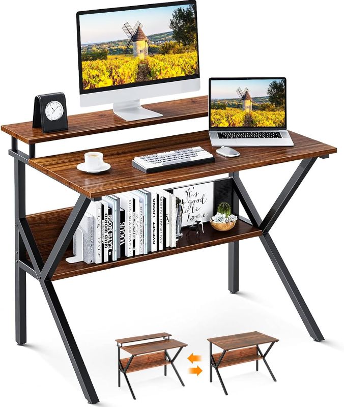 Photo 1 of ODK Small Desk, 27.5 Inch Small Computer Desk for Small Spaces, Compact Desk with Storage, Tiny Desk Study Desk with Monitor Stand for Home Office, Espresso