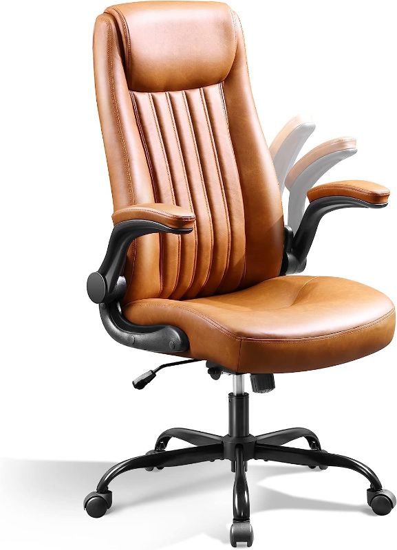 Photo 1 of DEVAISE Computer Office Chair, High Back Ergonomic Desk Chair with Adjustable Flip-up Armrests, Lumbar Support and Thick Headrest, Executive Suede Fabric Swivel Task Chair, Brown
