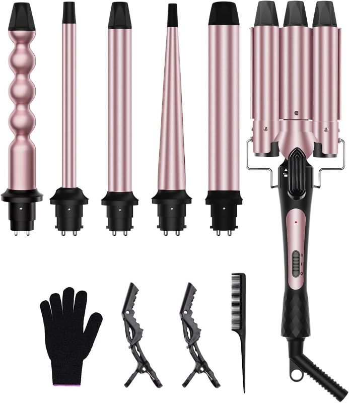 Photo 1 of 6 in 1 Curling Iron, Curling Wand Set with 3 Barrel Curling Iron and 5 Interchangeable Ceramic Curling Wand (0.35"-1.25”), Instant Heat Up 2 Temp Wand Curler, Include Heat Protective Glove & 2 Clips