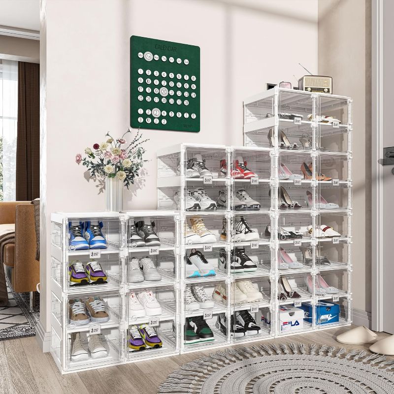 Photo 1 of Foldable Shoe Rack,Shoe Organizers for Closet Plastic Shoe Storage Box Space Saving for Entryway, Large Sturdy Stackable Sneaker Cabinet Bins with Magnetic Clear Door 8 Tiers 16 Pairs

