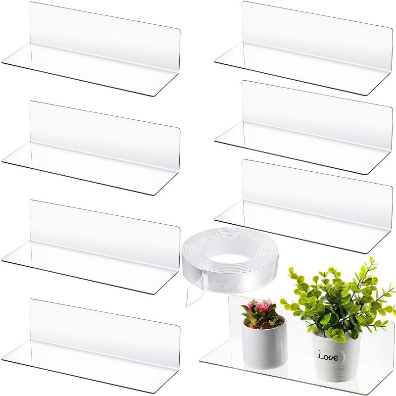 Photo 1 of  8 Pieces Acrylic Floating Shelves, 12 Inch Acrylic Wall Mounted Hanging Shelf Acrylic Bookshelf with 5 Meters Nano Double Sided Tape for Bedroom, Gaming Room, Living Room, Bathroom, Office