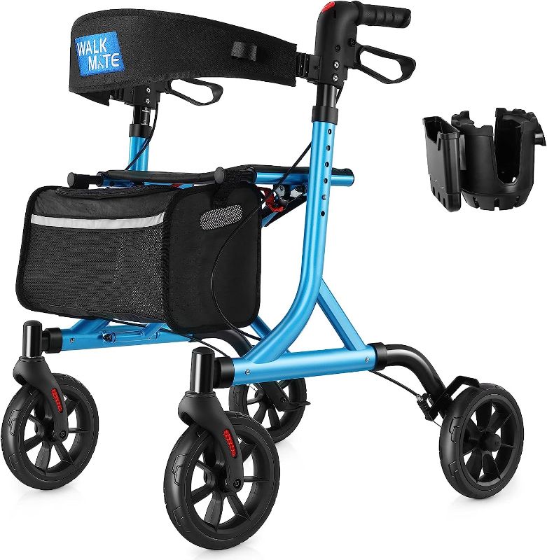 Photo 1 of WALK MATE Rollator Walker for Seniors with Cup Holder, Upgraded Thumb Press Button for Height Adjustment, 4 x 8" Wheels Walker with Seat Padded Backrest...
