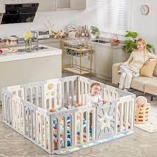 Photo 1 of Coolever Foldable Baby Playpen, Safety Baby Gate Playpen For Babies And Toddlers Sturdy And Immovable Baby Fence Play Area Activity Center Portable Design For Indoor Outdoor (Grey+White+Star 16 Panel) 14+2 Grey+White+Star