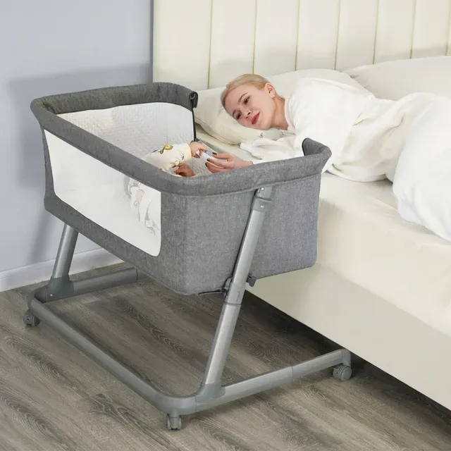 Photo 1 of Pamo Babe Unisex Infant Bedside Sleeper Bassinet with Wheels and Folding Frame for Newborn (Grey)
