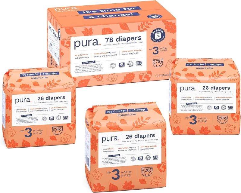 Photo 1 of 1bag was opened **Pura Size 3 Eco-Friendly Diapers (9-20 lbs) Hypoallergenic, Soft Organic, 78Ct
