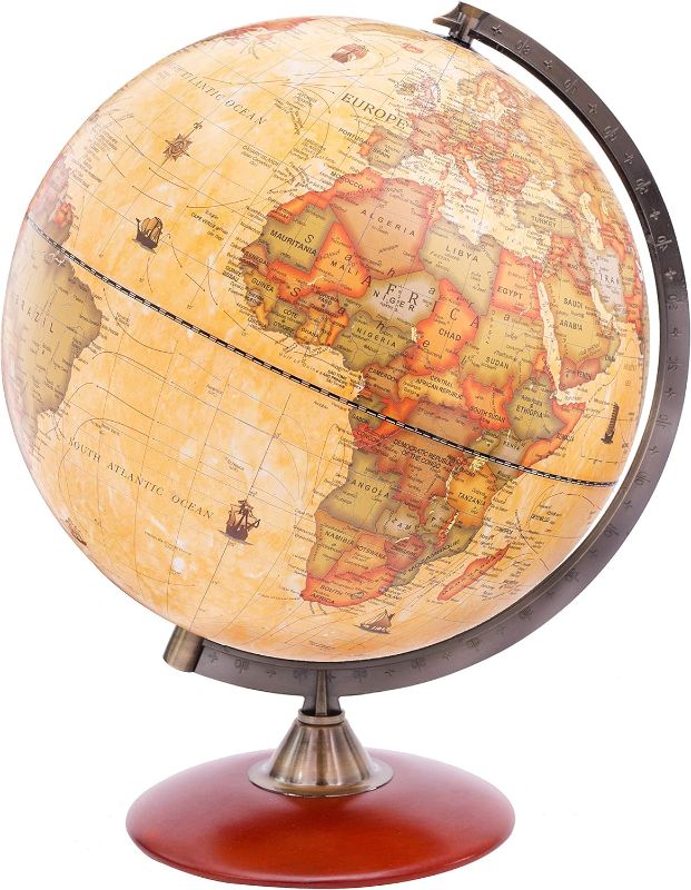 Photo 1 of 13'' Antique Globe With a Wood Base - Rotating World Globe Vintage Decorative