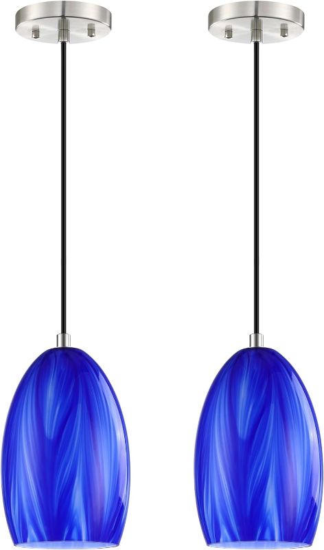 Photo 1 of 2 Pack 1 Light Hanging Indoor Kitchen Island Pendant Lights 5.3" Handmade Glass Pendant Ceiling Light Fixtures Brushed Nickel Finish Modern Farmhouse Dinning Over Sink (Stripe Blue Glass)