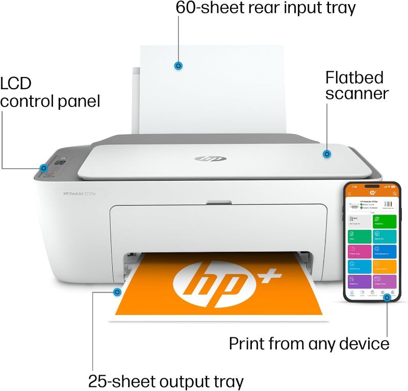 Photo 1 of HP DeskJet 2755e Wireless Color All-in-One Printer (26K67A), white