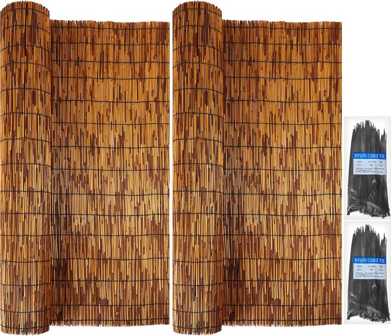 Photo 1 of 2 Pcs Natural Reed Bamboo Fencing Roll, Bamboo Privacy Screen 3.3 Feet High x 13.3 Feet Long and 200 Pcs Nylon Black Cable Ties Cord for Garden Balcony Window Indoor Outdoor(Dark Brown)