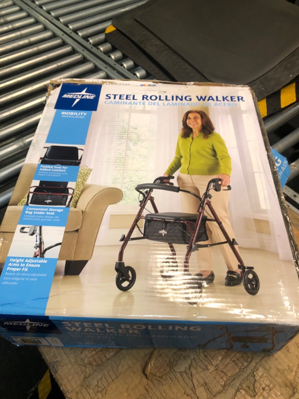 Photo 2 of ***Missing under seat pouch** Medline Rollator Walker with Seat, Steel Rolling Walker with 6-inch Wheels Supports up to 350 lbs, Medical Walker, Burgundy