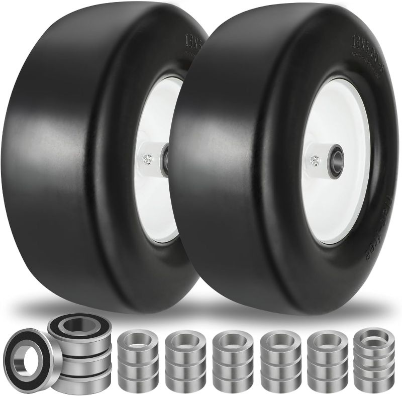 Photo 1 of 2 PCS 13x5.00-6 Flat Free Tire and Wheel with 1/2" & 3/4" & 5/8" Precision Bearings, 13x5x6 Lawn Mower Tires with 3.25"-6.85" Centered Hub, 13x5.00-6 tire for Riding Lawn Mower Garden Tractor