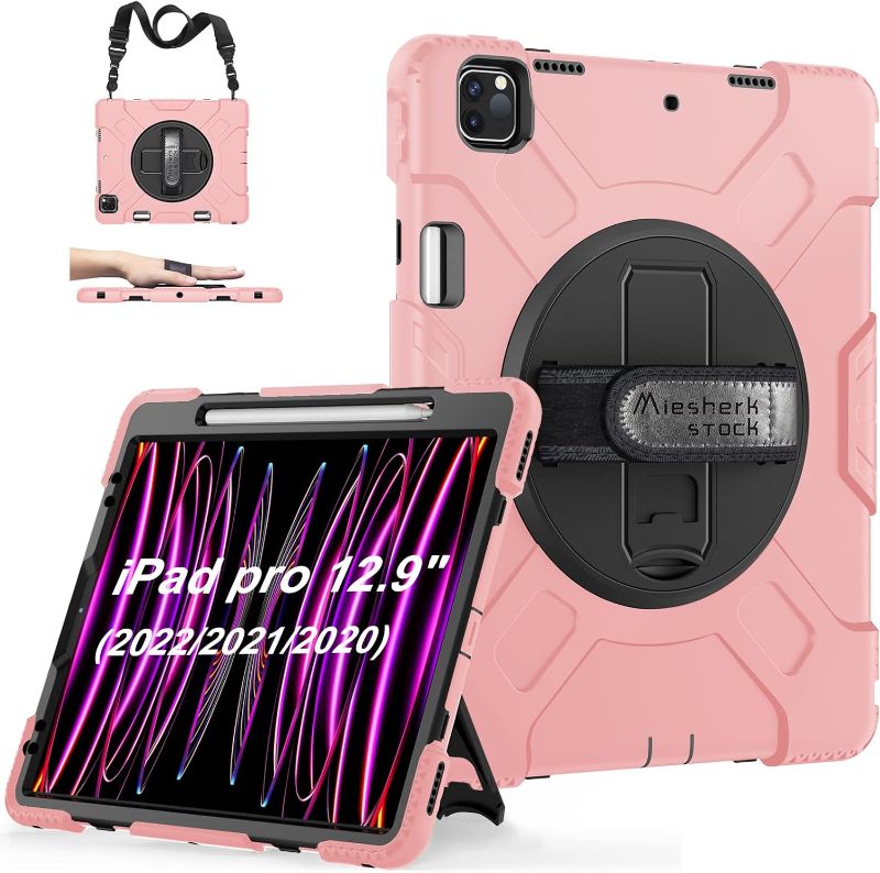 Photo 1 of Case for iPad Pro 12.9 2021 5th Generation/2022 6th Gen: Heavy Duty Shockproof Silicone Cover for iPad 12.9 Inch 2020/2018 w/Pencil Holder - Stand - Handle - Shoulder Strap- Pink