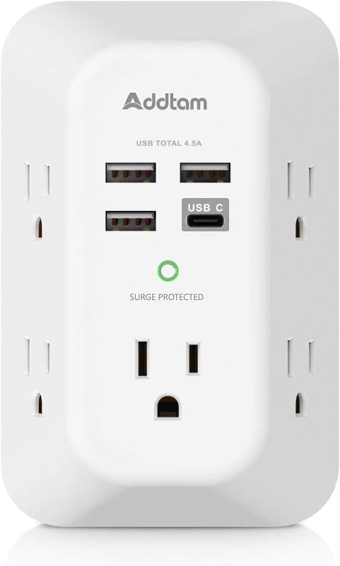 Photo 1 of Addtam USB Wall Charger Surge Protector 5 Outlet Extender with 4 USB Charging Ports (1 USB C Outlet) 3 Sided 1800J Power Strip Multi Plug Outlets Wall Adapter Spaced for Home Travel Office ETL Listed