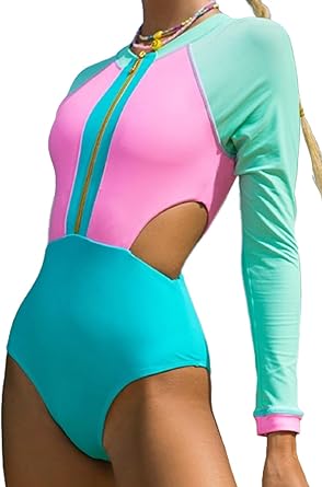 Photo 1 of BIKINX Women One Piece Bathing Suit Tummy Control Swimsuits High Neck Zip Front Monokini Color Block Rash Guard Swimwear