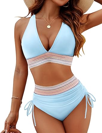 Photo 1 of Blooming Jelly Women High Waisted Bikini Sets Tummy Control Swimsuits Color Block Two Piece Drawstring Bathing Suit - L