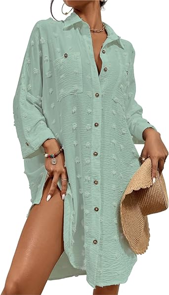 Photo 1 of Bsubseach Women Swimsuit Coverup Blouse Button Down Shirt Dresses Swiss Dot Tops