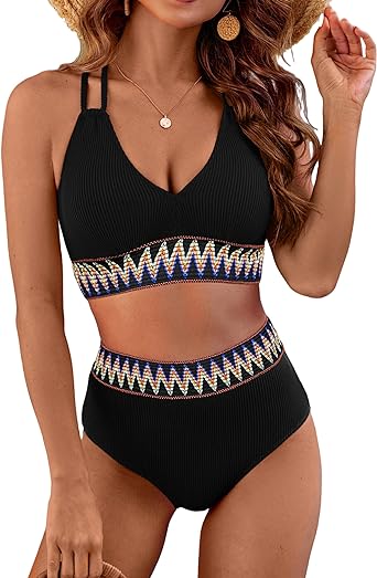 Photo 1 of BMJL Womens High Waisted Bathing Suits Ribbed Two Piece Bikini Sets Sexy V Neck Push Up Swimsuits - L