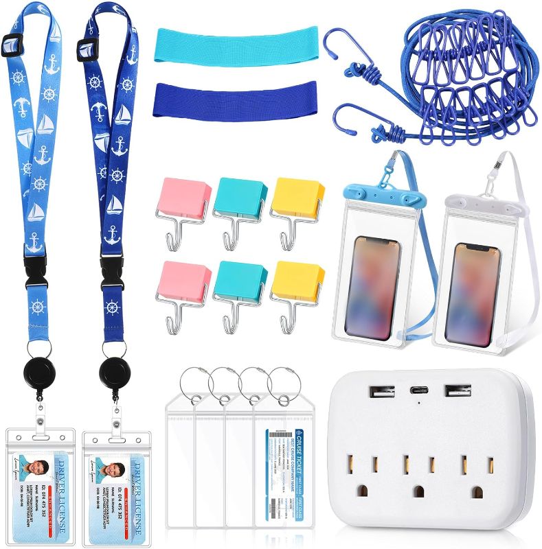 Photo 1 of Tenceur 11 Pcs Cruise Accessories Kit for 2 People Includes 2 Cruise Lanyards for Ship Cards 4 Waterproof Cruise Luggage Tags Holder 2 Phone Pouch 2 Waist Pack 1 Cruise Power Strip (Blue)