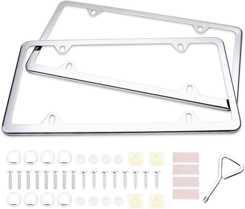 Photo 1 of Ohuhu License Plate Frames, 1 Pcs 4 Holes Slim Stainless Steel Polish Mirror License Plate Frame + Chrome Screw Caps (Silver)***USED**1PCS COLOR SILVER***** 