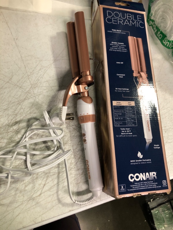 Photo 2 of Conair Double Ceramic 3 Barrel Curling Iron, Hair Waver, Create Beachy Waves, Long-Lasting Natural Tight Waves for all Hair Lengths, White / Rose Gold