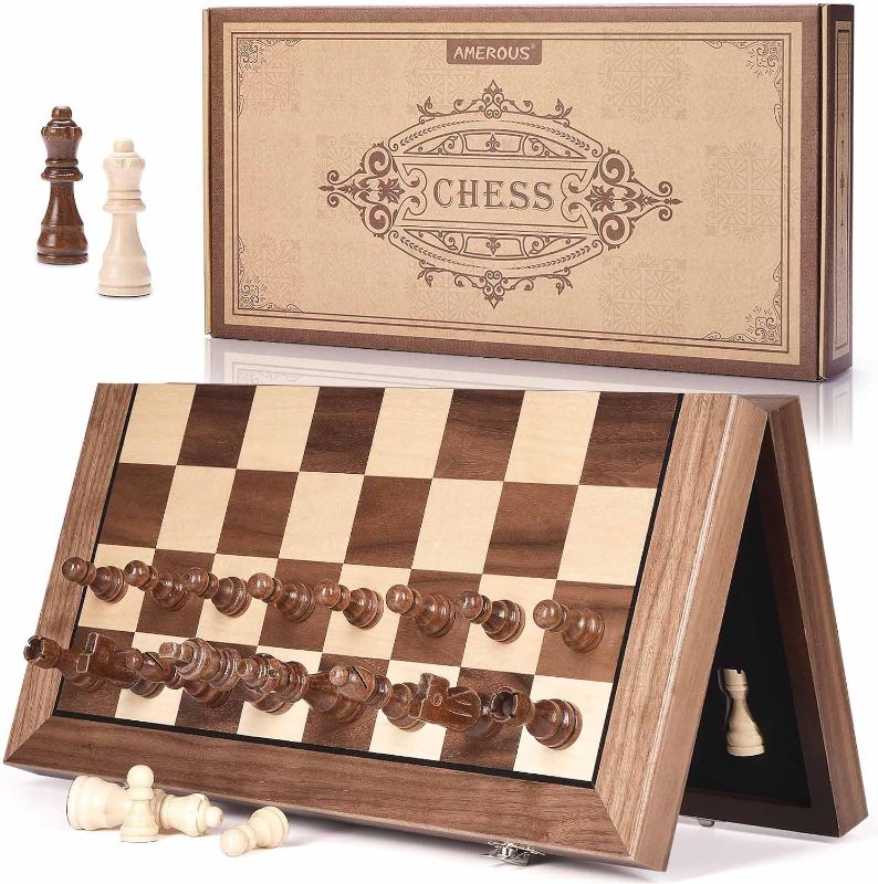 Photo 1 of AMEROUS 15 Inches Magnetic Wooden Chess Set with 2 Extra Queens/Folding Board/Chess Pieces Storage Slots/Instructions, Portable Travel Chess Game for Beginner/Classic Board Game Upgraded Version