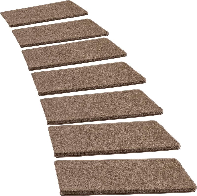 Photo 1 of PURE ERA Bullnose Carpet Stair Treads Set Tape Free Non-Slip Indoor Stair Protectors Pet Friendly Rugs Covers Soft Skid Resistant Washable Reusable 9.5" x 30"x1.2" (14 Pieces, Camel Brown