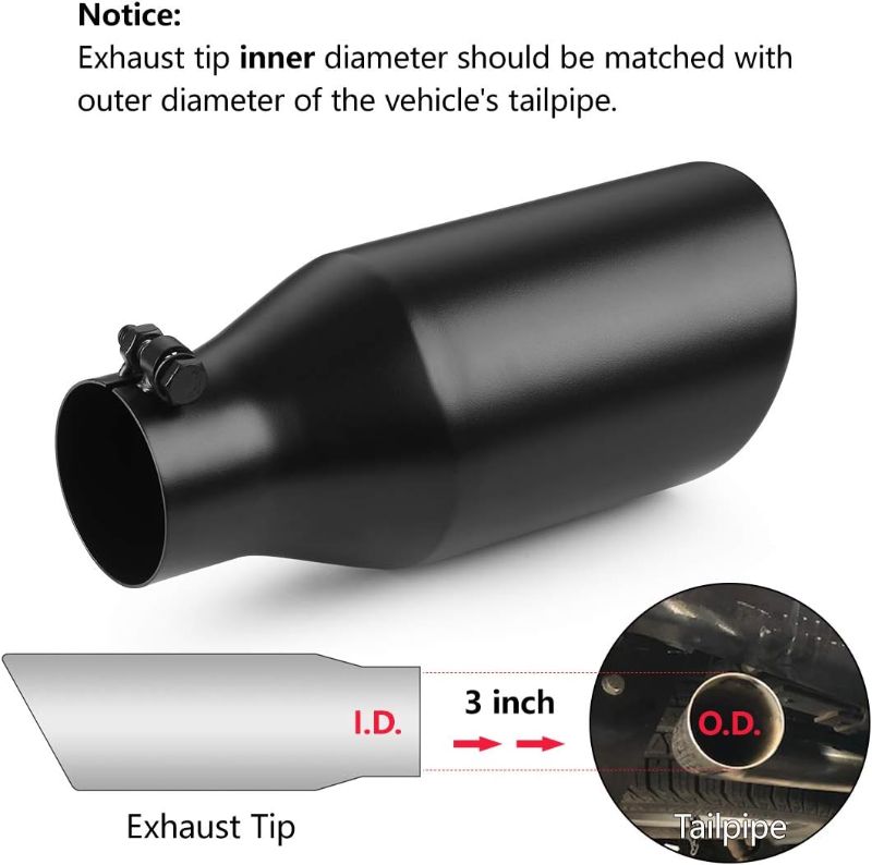 Photo 1 of A-KARCK Exhaust Tip 3 Inch Inlet, 3" Inlet 4" Outlet 12" Long Black Coated Finish Muffler Tip For Truck Tailpipe, Stainless Steel Rolled Edge