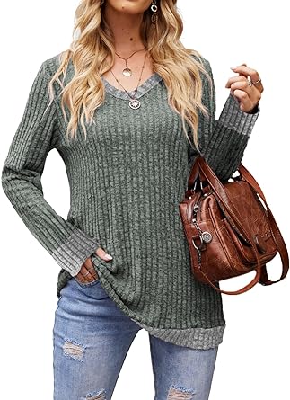 Photo 1 of Hount Women's Sweaters V Neck Long Sleeve Loose Lightweight Pullover Tops