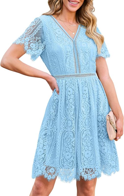 Photo 1 of MEROKEETY Women's V Neck Floral Lace Wedding Dress Short Sleeve Cocktail Party Dress