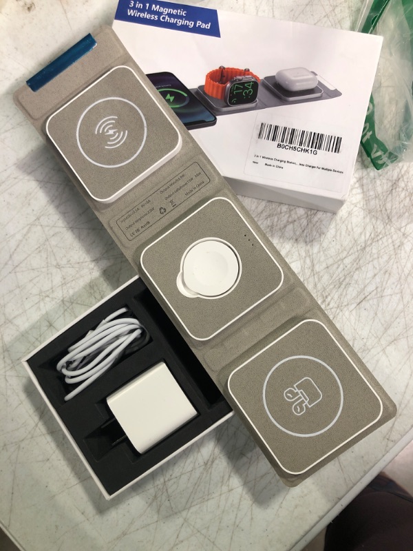 Photo 2 of 3 in 1 Wireless Charger for iPhone, Wireless Charging Pad for Multiple Devices Magnetic Fast Charging, Foldable Wireless Charging Station Compatible with iPhone Series i-Watch, Airpods (White) White Wireless Charger Pad White Wireless Charger Pad