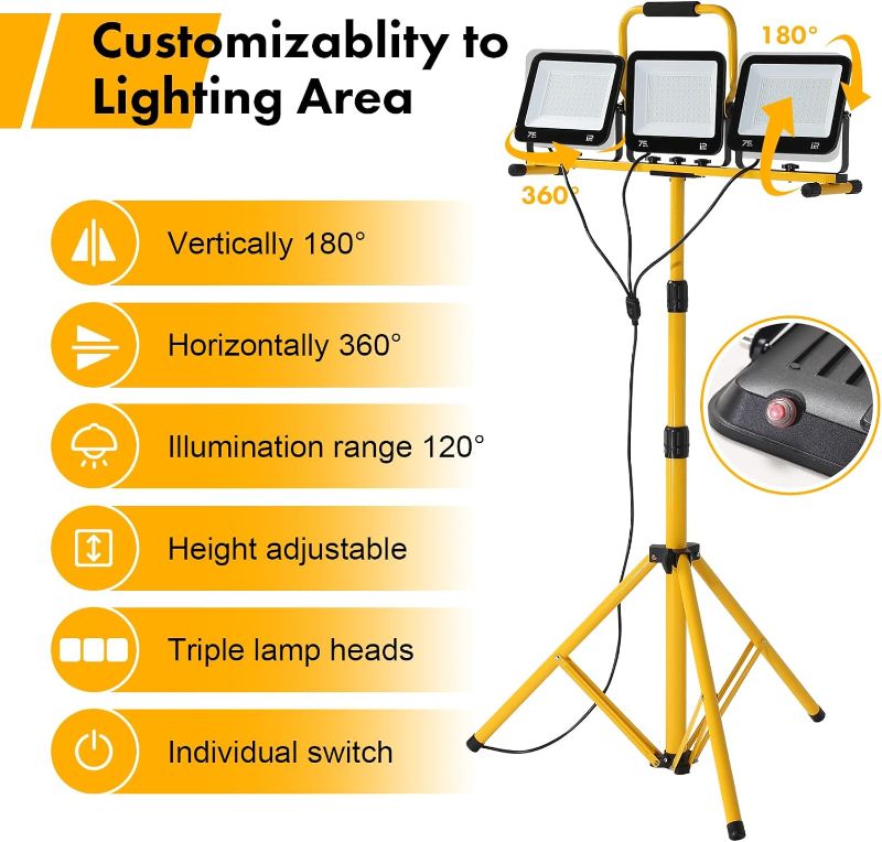 Photo 2 of 225W 22500 Lumen Work Lights with Stand, Three Head LED Work Light with Individual Switch, 15FT Power Cord, IP66 Waterproof, Adjustable Metal Telescoping Tripod for Indoor and Outdoor